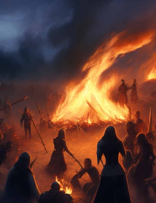 Una ilustración de una hoguera y gente alrededor